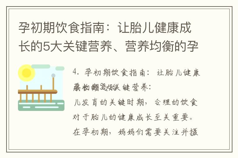 孕初期飲食指南：讓胎兒健康成長的5大關鍵營養、營養均衡的孕婦飲食計劃：孕早期應該吃哪些食物？以及給胎兒最好的滋養：孕初期食用的7種超級食物推薦