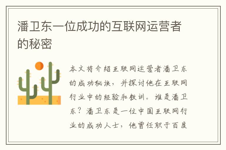 潘衛東一位成功的互聯網運營者的秘密