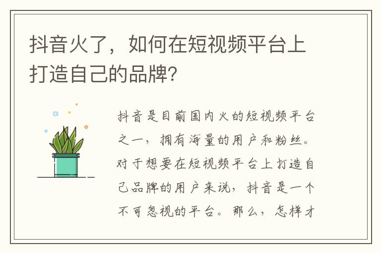 抖音火了，如何在短視頻平臺上打造自己的品牌？