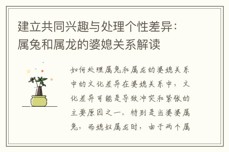 建立共同興趣與處理個性差異：屬兔和屬龍的婆媳關系解讀