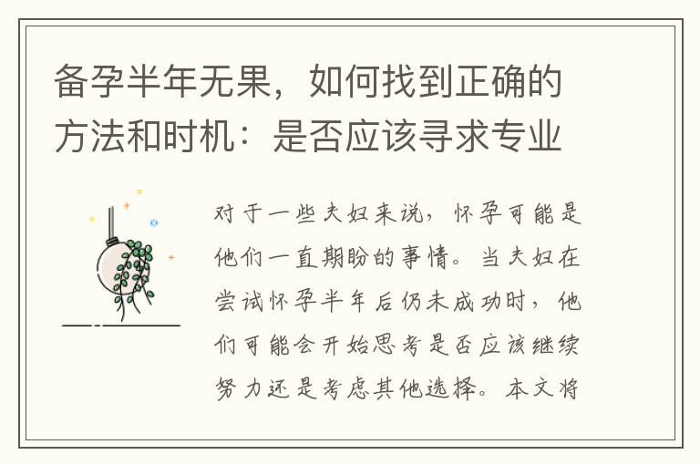 備孕半年無(wú)果，如何找到正確的方法和時(shí)機(jī)：是否應(yīng)該尋求專業(yè)輔助或中醫(yī)調(diào)理？